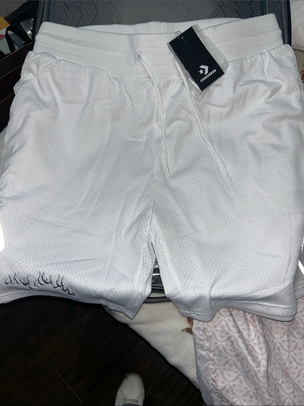Converse Men’s White Athletic Mesh Shorts with Flame Accent
